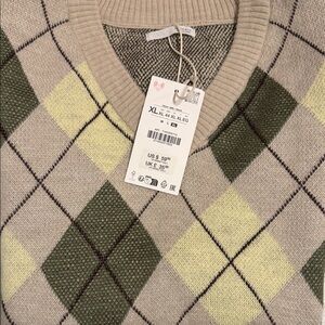 Zara V-Neck Argyle Sweater - Beige, Green, and Yellow